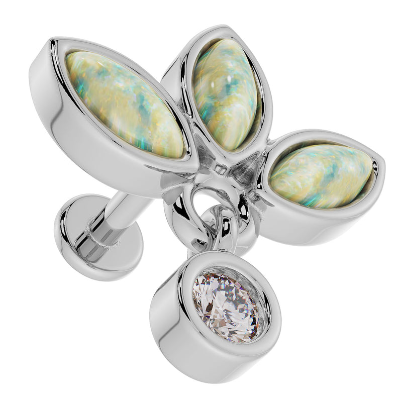 Close-up overhead view of 14K white gold opal wildflower labret showing marquise opal petals and bezel CZ charm