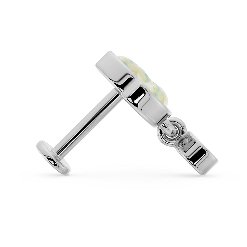 Side profile of opal wildflower flat back earring showing barbell post length, flat back disc, and threaded top