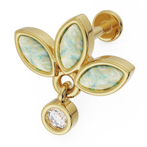 14K yellow gold opal wildflower dangle flat back earring, angled view showing three marquise opal petals and CZ drop