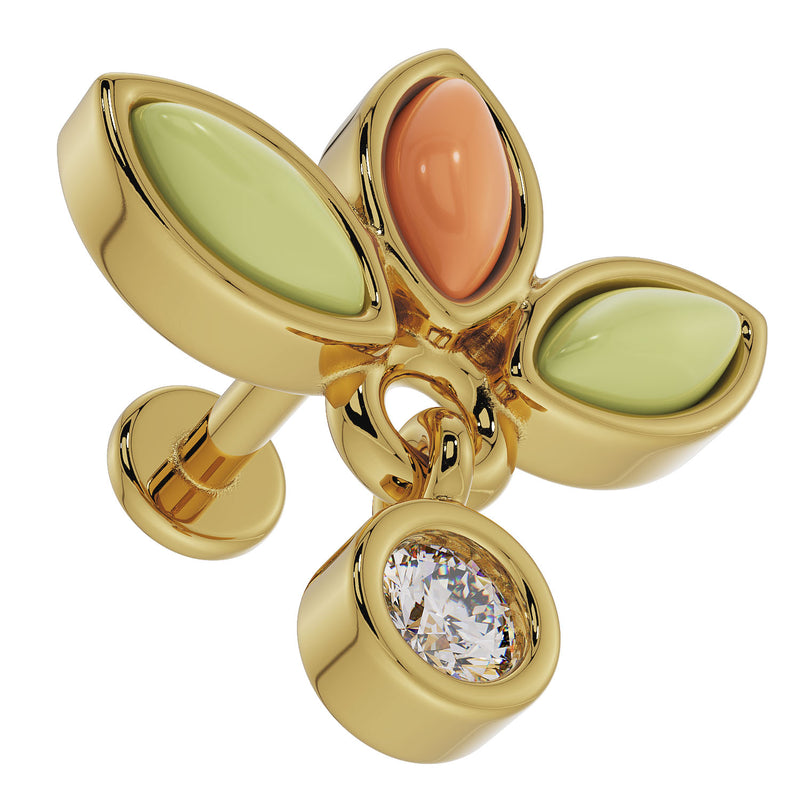 Close-up of 14K yellow gold wildflower earring showing flat back post and bezel-set diamond dangle detail