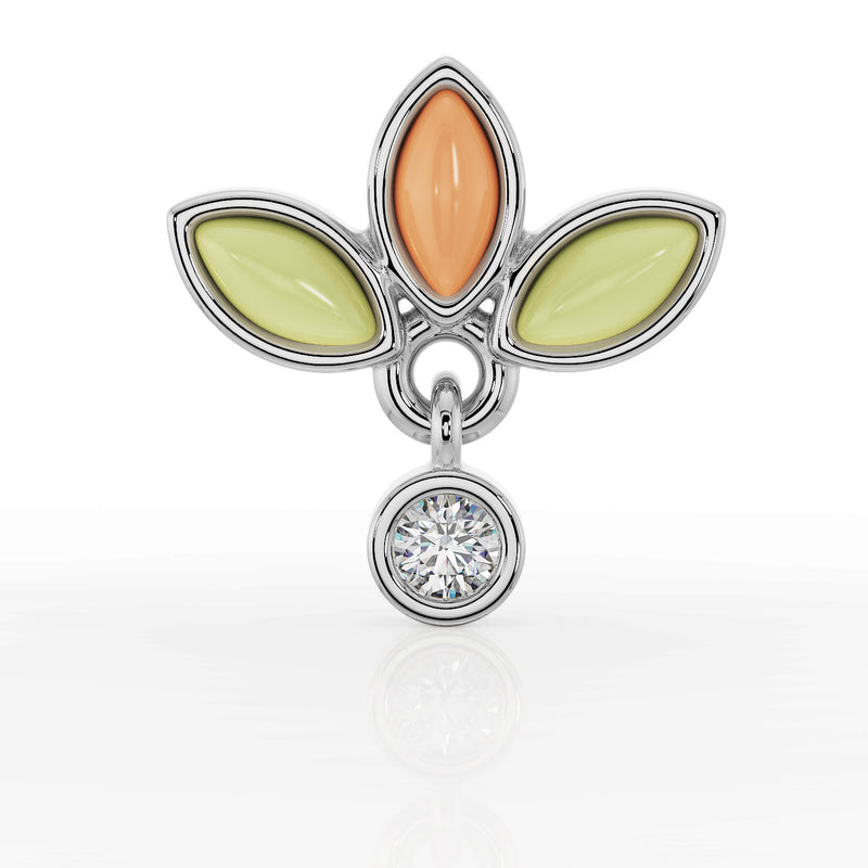 14K white gold wildflower dangle labret earring front view showing jade, coral marquise stones and diamond