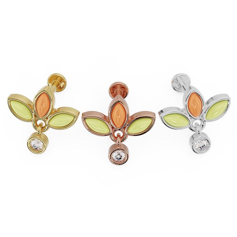 Wildflower dangle flat back earring in all three metal options: 14K yellow gold, rose gold, and white gold
