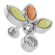 Close-up of 14K white gold wildflower flat back earring highlighting stone petal settings and diamond dangle