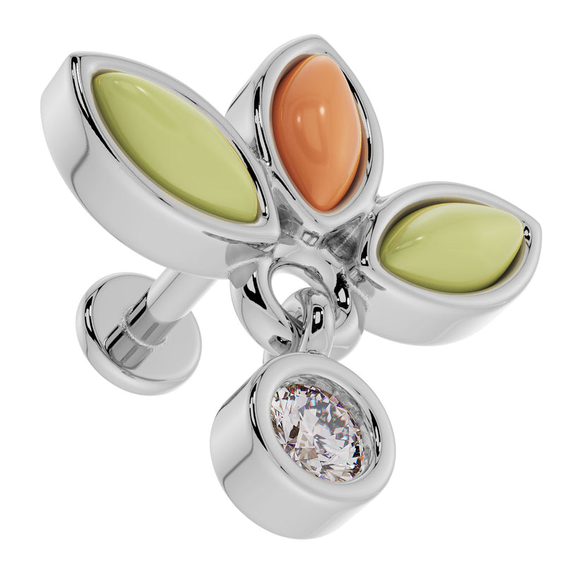 Close-up of 14K white gold wildflower flat back earring highlighting stone petal settings and diamond dangle