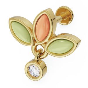 14K yellow gold wildflower flat back earring with jade, coral, and diamond dangle, angled view