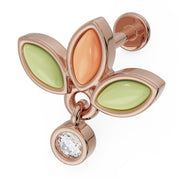14K rose gold wildflower flat back earring with jade and coral marquise petals and diamond dangle, angled view