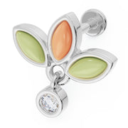 14K white gold wildflower flat back earring with jade, coral gemstone petals and diamond dangle, angled view
