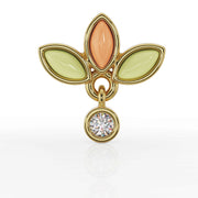 14K yellow gold wildflower labret earring front view showing jade, coral petals and bezel diamond dangle
