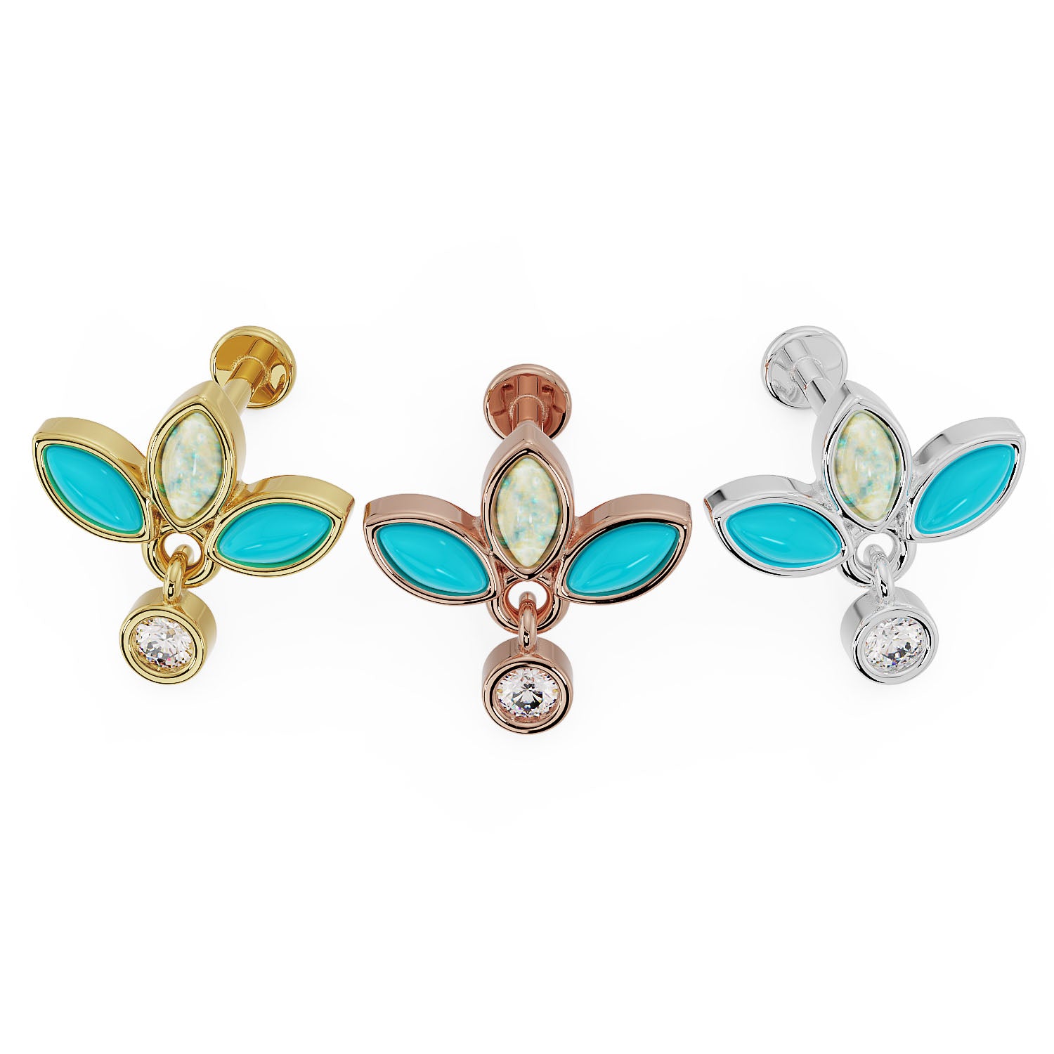 Turquoise Opal Wildflower Dangle 14K Gold Flat Back Earring