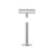 Disassembled white gold milgrain diamond bar flat back earring showing threaded post and flat disc back