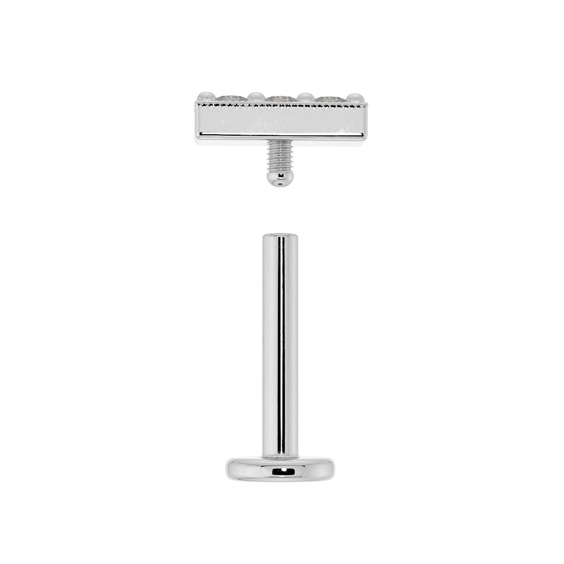 Disassembled white gold milgrain diamond bar flat back earring showing threaded post and flat disc back