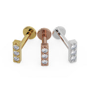 Three-diamond milgrain bar flat back earring in 14k yellow, rose, and white gold color comparison