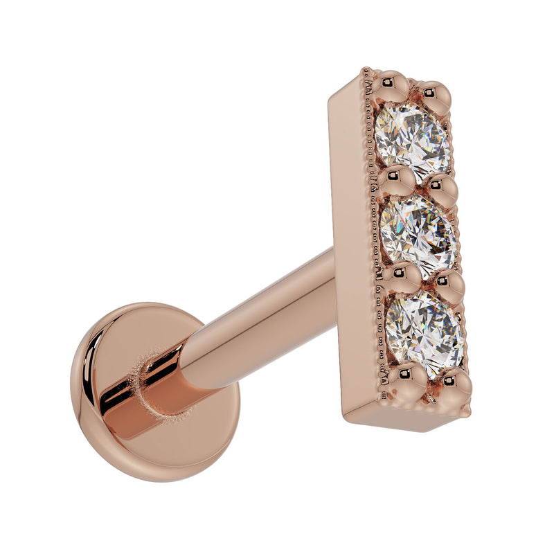 14k rose gold milgrain diamond bar flat back earring, angled view highlighting milgrain side texture