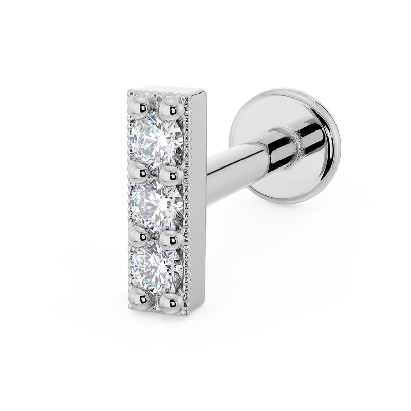 14k white gold three-diamond milgrain bar cartilage flat back earring, main angled product shot
