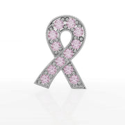14k white gold pink sapphire survivor ribbon earring standing upright, showing full ribbon shape from front
