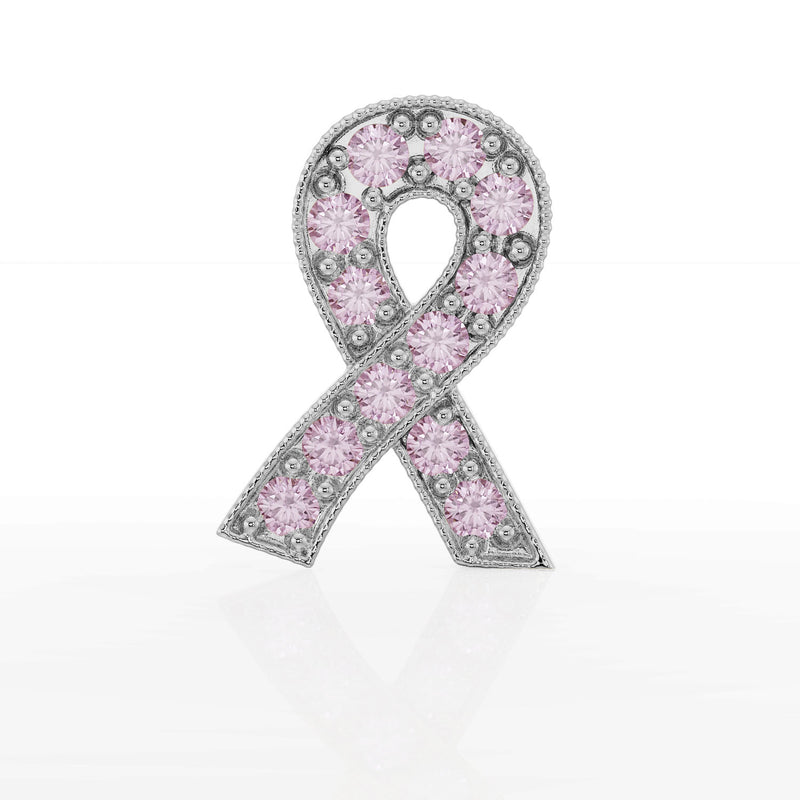 14k white gold pink sapphire survivor ribbon earring standing upright, showing full ribbon shape from front