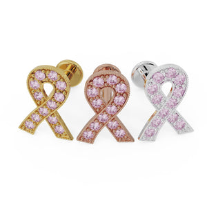 Pink sapphire survivor ribbon flat back earring shown in all three metals: yellow gold, rose gold, and white gold