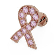 14k rose gold survivor ribbon flat back earring with pink sapphire stones and beaded edge detail, front view