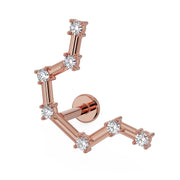 14k rose gold Aquarius constellation flat back labret with CZ stones, angled front view