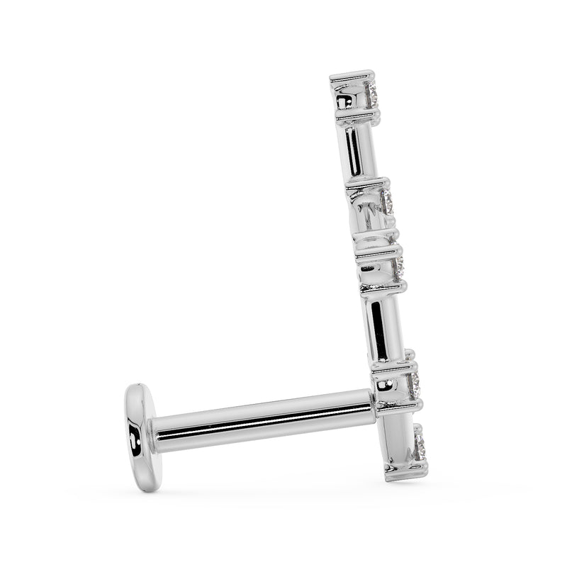 Side profile of 14k white gold Aquarius constellation flat back earring showing post and flat disc backing