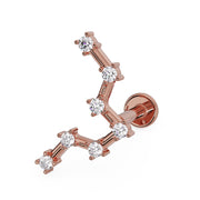 14k rose gold Pisces constellation flat back labret with CZ stars, angled view showing post and flat back