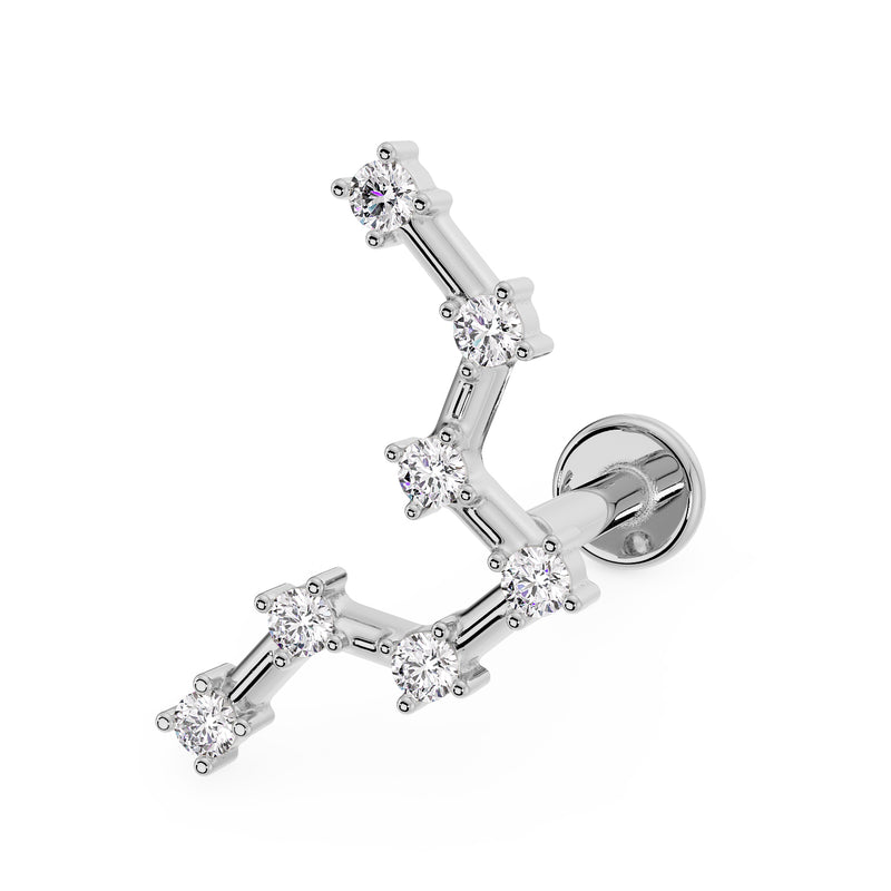 14k white gold Pisces constellation flat back labret with CZ stars, angled three-quarter view