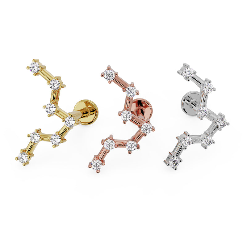 Pisces constellation flat back labret in 14k yellow gold, rose gold, and white gold side-by-side comparison