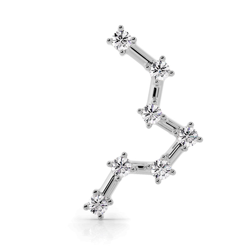 Pisces constellation stud earring in 14k white gold, front view of the star pattern
