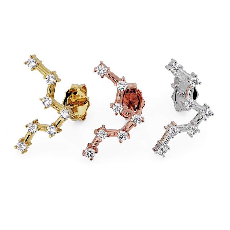 Pisces constellation stud earrings in 14k yellow, rose and white gold, back view showing the posts and butterfly backs