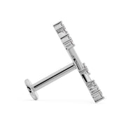 Side profile of 14k white gold Aries constellation flat back labret showing post length and flat backing