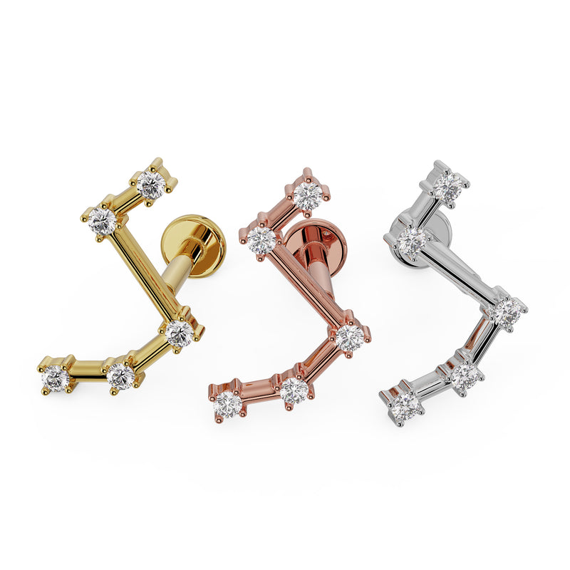 Aries constellation 14k gold flat back labret in yellow, rose, and white gold side-by-side comparison