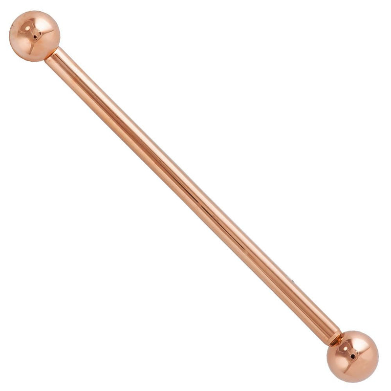 14k rose gold classic industrial barbell with polished ball ends, front view on white background