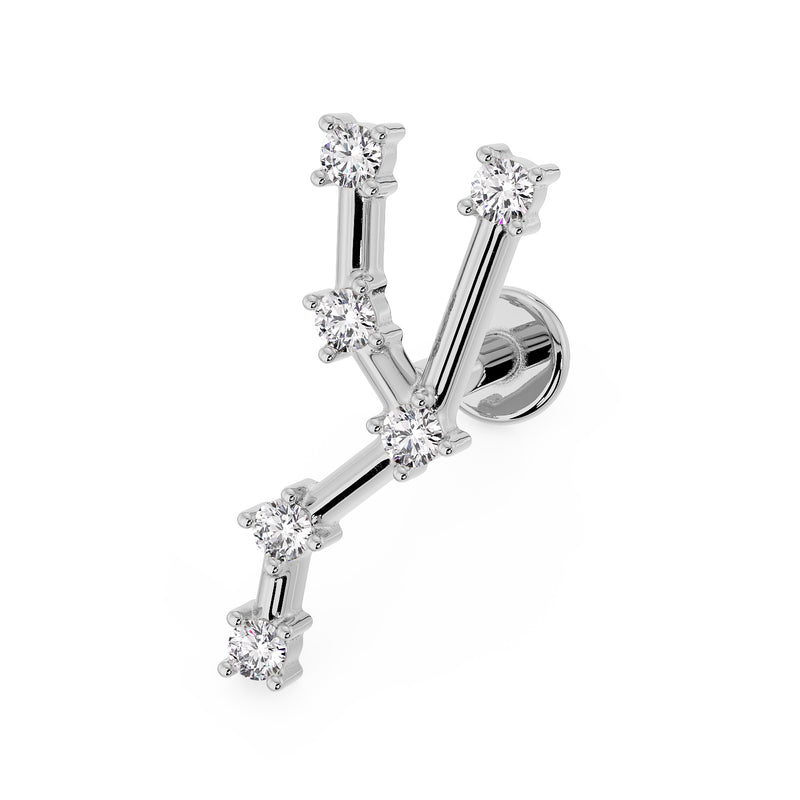 14k white gold Taurus constellation flat back labret with CZ stars, angled side view