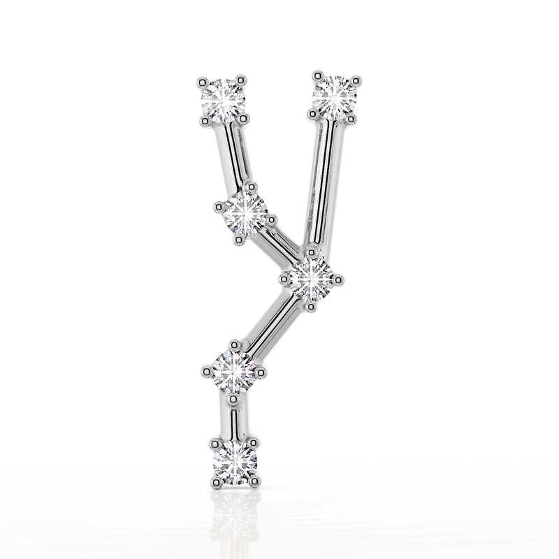14k white gold Taurus constellation flat back earring, front view showing six CZ star settings