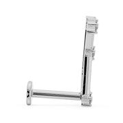 Side profile of 14k white gold Gemini constellation labret showing flat back post and disc backing