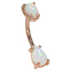 14k rose gold navel ring with double pear-shaped Australian opal cabochons, angled side view showing curve