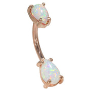 14k rose gold navel ring with double pear-shaped Australian opal cabochons, angled side view showing curve