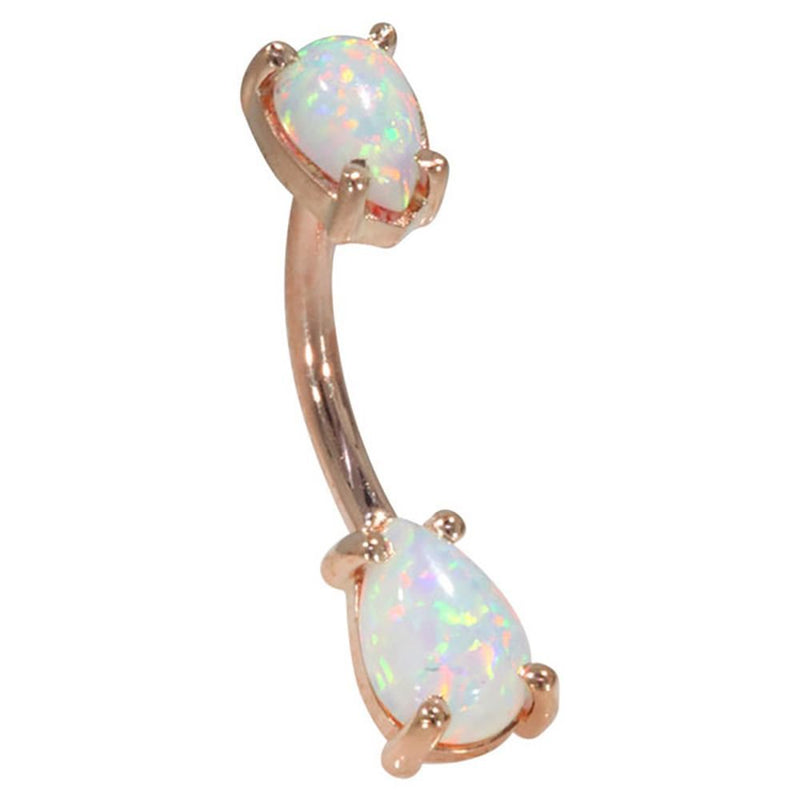 14k rose gold navel ring with double pear-shaped Australian opal cabochons, angled side view showing curve