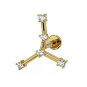 14k yellow gold Cancer constellation flat back labret with CZ stones, angled front view