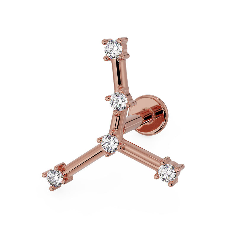 14k rose gold Cancer constellation flat back labret earring with CZ stars, angled front view