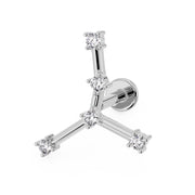 14k white gold Cancer constellation flat back labret with CZ stones, angled view showing flat disc backing
