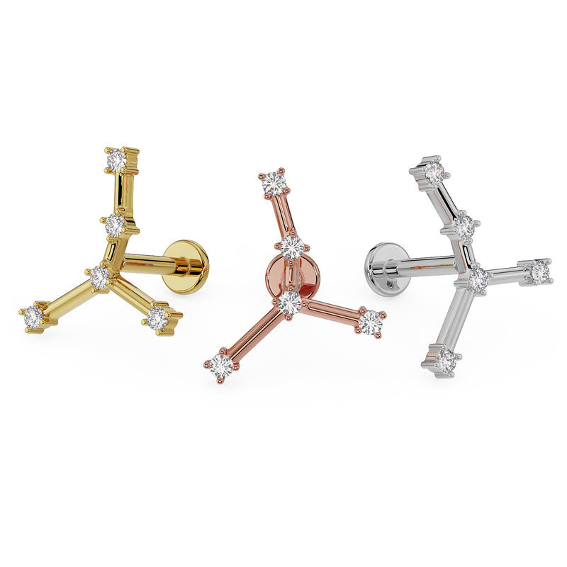 Cancer constellation flat back labret in all three metal colors: 14k yellow, rose, and white gold with CZ