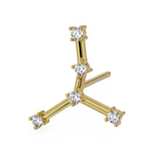 14k yellow gold Cancer constellation earring with CZ stones, side profile showing post and depth