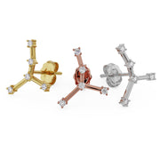 Cancer constellation stud in 14k yellow, rose, and white gold with push-back posts, all three colors compared