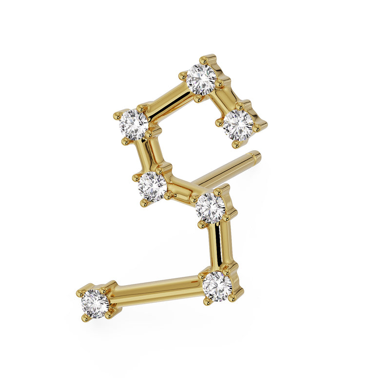 14k yellow gold Leo constellation earring with CZ stone settings, angled front view
