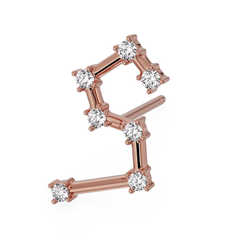 14k rose gold Leo constellation stud earring with CZ stones, angled front view