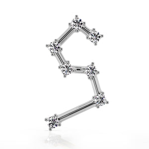 14k white gold Leo constellation stud earring with CZ stars, angled front view