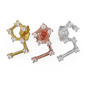 Leo constellation stud in 14k yellow, rose, and white gold shown side by side for color comparison