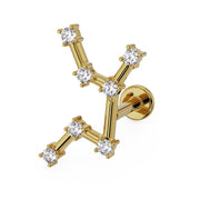 14k yellow gold Virgo constellation flat back labret with CZ stars, angled front view