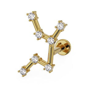 14k yellow gold Virgo constellation flat back labret with CZ stars, angled front view